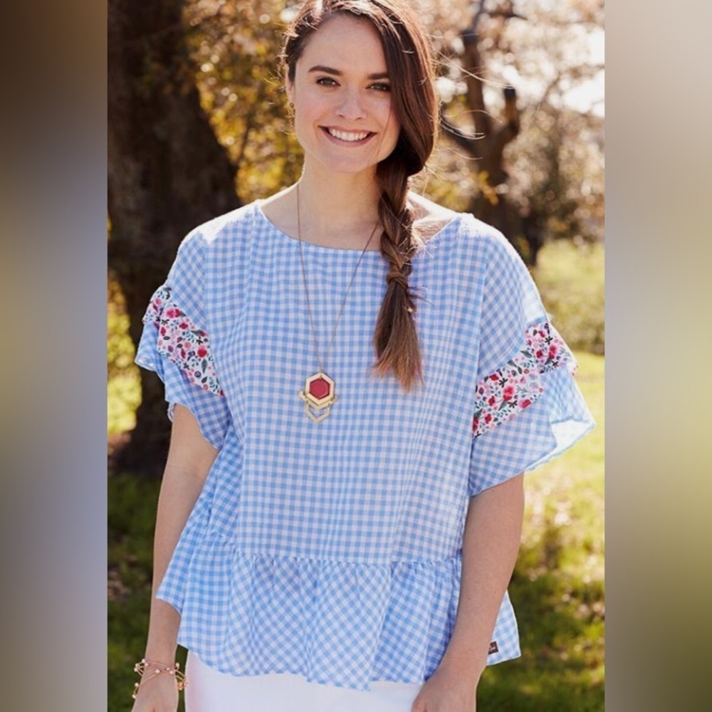 Matilda Jane Rural Route Blue Seersucker Peplum Gingham Women’s w Floral Accents